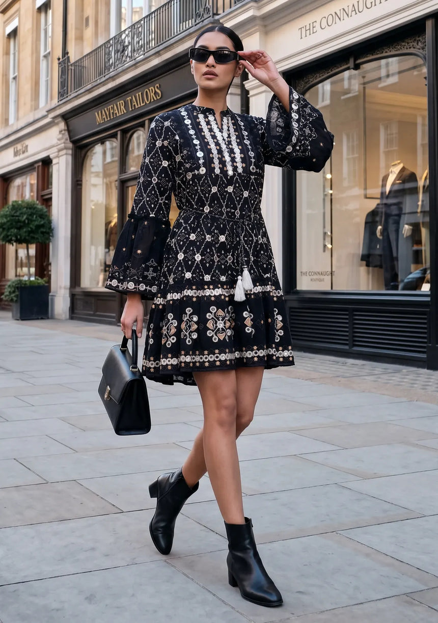 ibBan Hand Embroidered Winter Short Tunic Dress | Luxury Women's Fashion - Melida