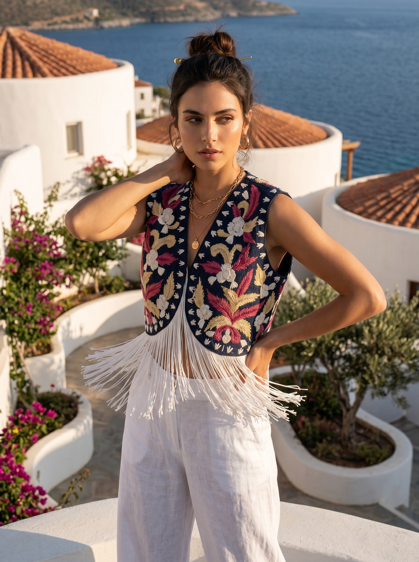 ibBan Hand Embroidered Jute Gilet | Luxury Summer Women's Vest -Donia