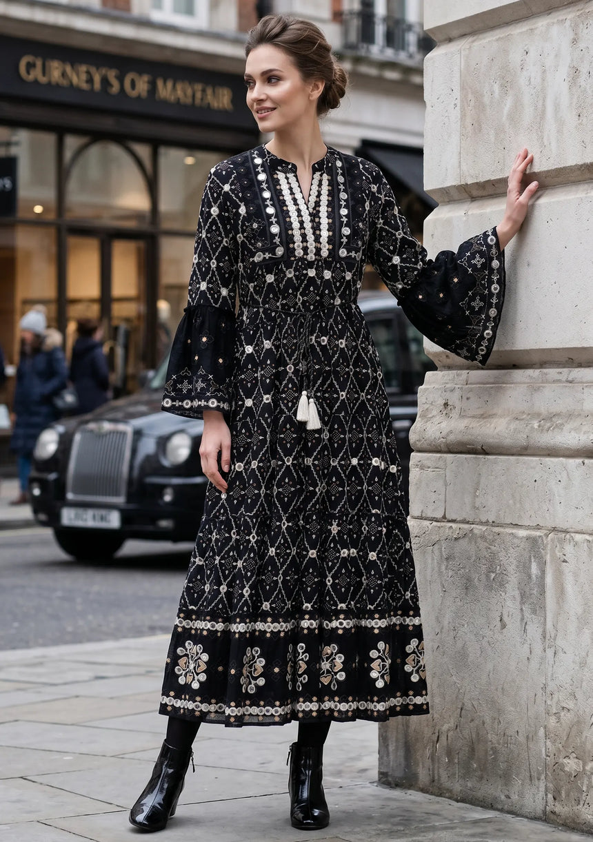 ibBan Hand Embroidered Winter Tunic Dress | Luxury Bohemian Elegance - Melida