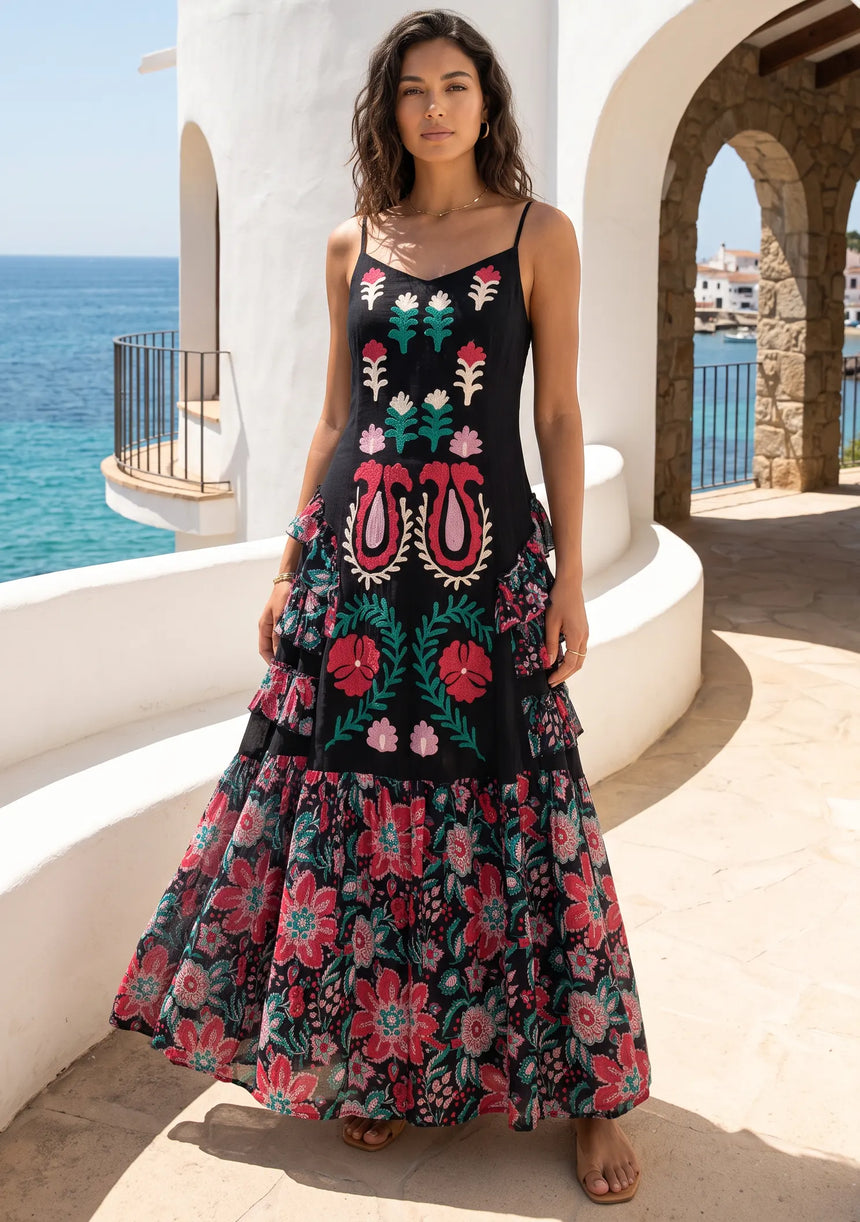 ibBan Embroidered Cotton Strap Maxi Dress with Floral Print - Huwa