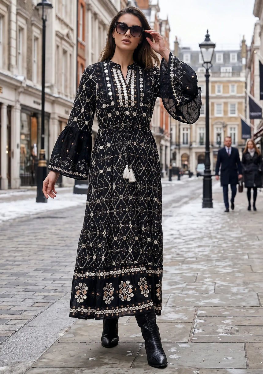 ibBan Hand Embroidered Winter Tunic Dress | Luxury Bohemian Elegance - Melida