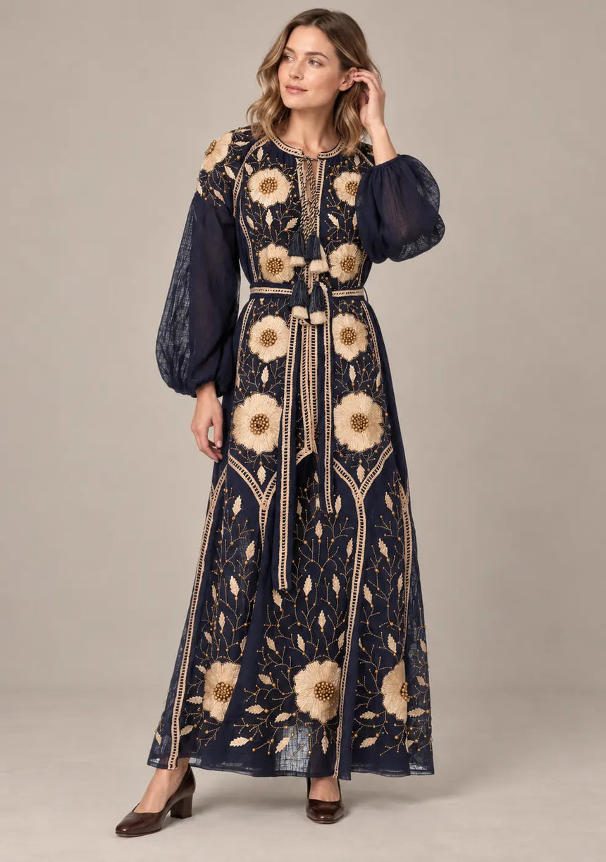 ibBan Floral Embroidered Cotton Long Dress - Johri