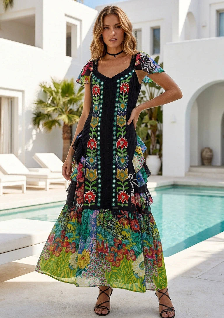 Vestido largo de algodón con cuello en V para mujer - Sanura