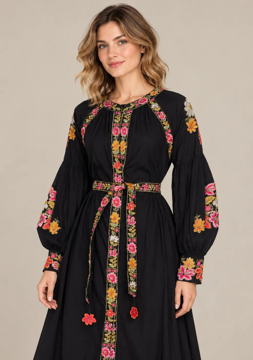 ibBan Floral Cotton Long Dress wint Hand Embroidery - Zayra