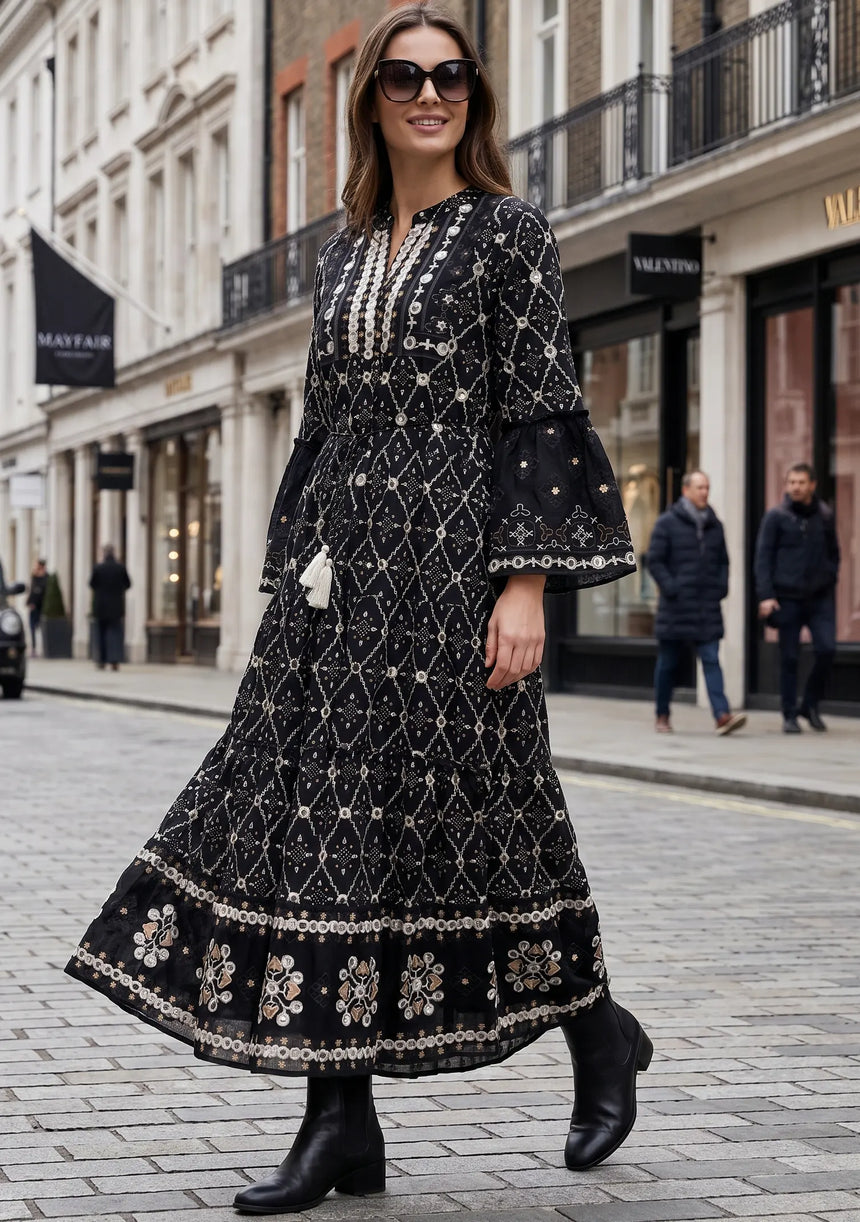 ibBan Hand Embroidered Winter Tunic Dress | Luxury Bohemian Elegance - Melida