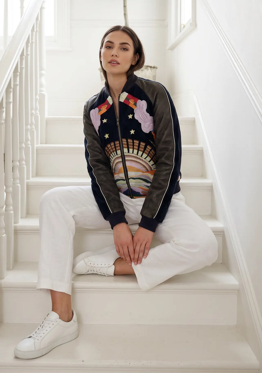 ibBan Luxury Hand Embroidered Split Leather Sleeve Bomber Collar Jacket - Broklyn