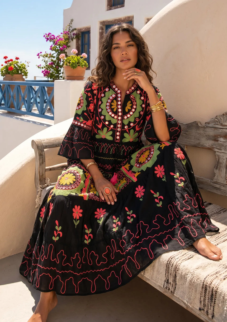 Women's Hand Embroidery Cotton Long Tunic Dress with Embroidery | ibBan - Orla