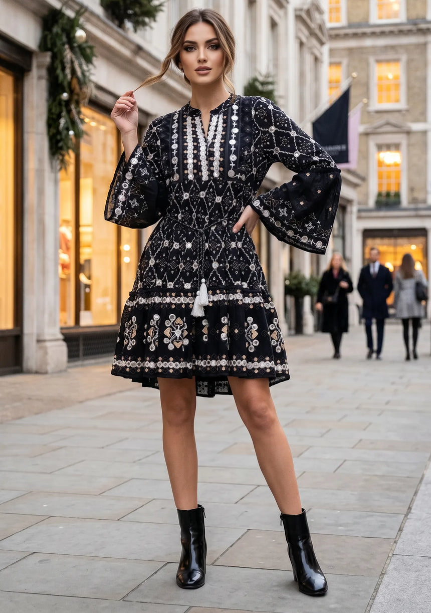 ibBan Hand Embroidered Winter Short Tunic Dress | Luxury Women's Fashion - Melida