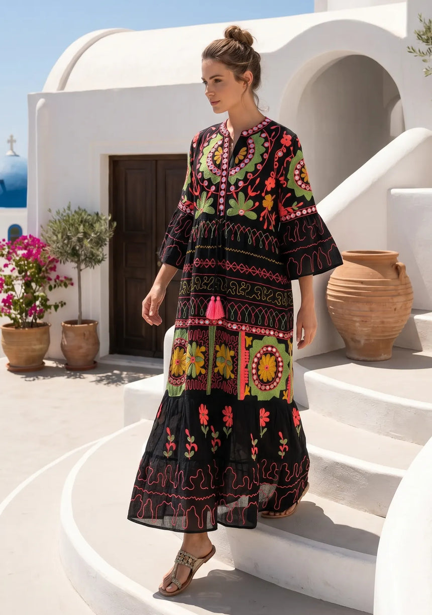 Women's Hand Embroidery Cotton Long Tunic Dress with Embroidery | ibBan - Orla