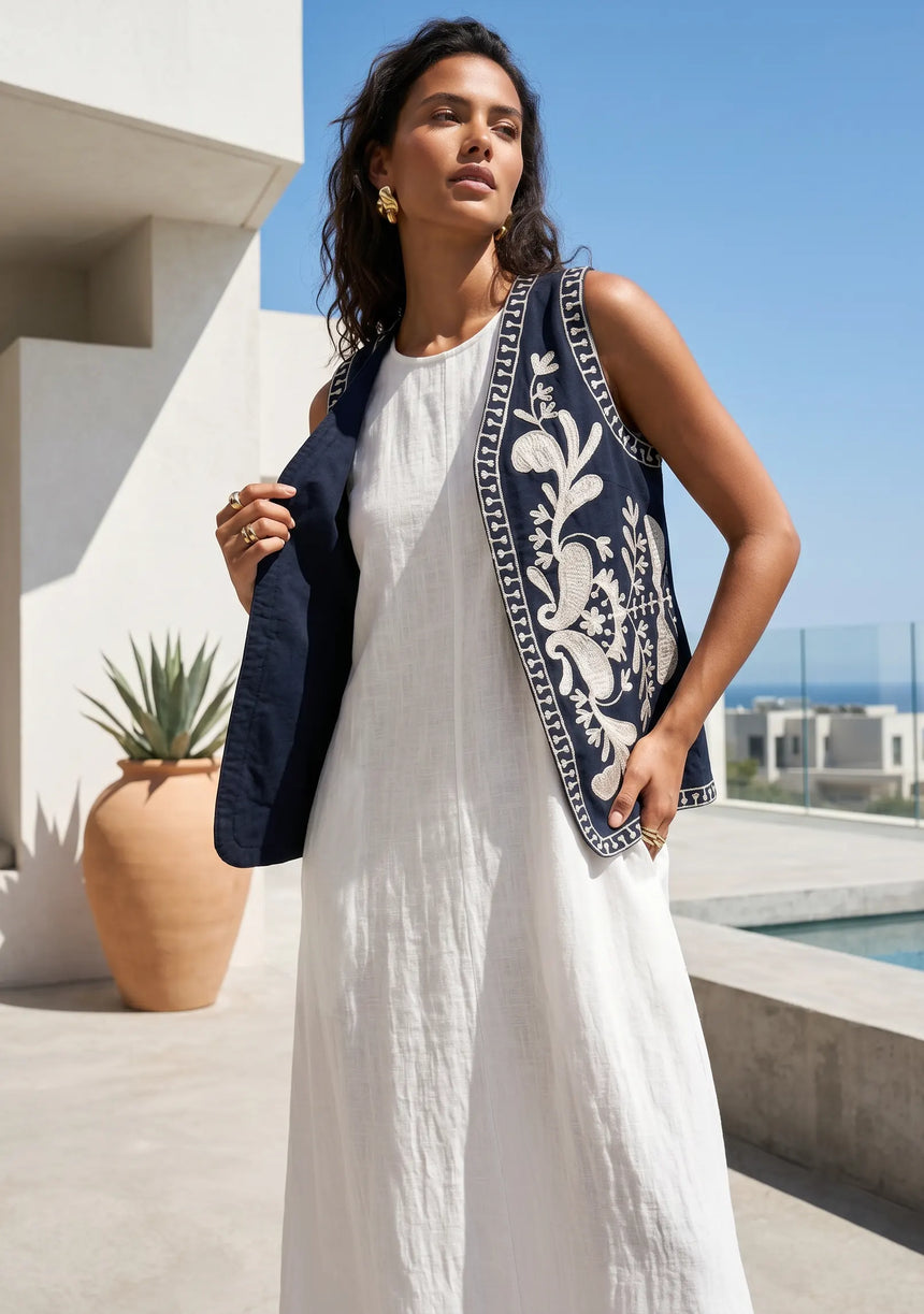 ibBan Hand Embroidered Summer Vest | Women's Cotton Canvas Designer Vest - Perla