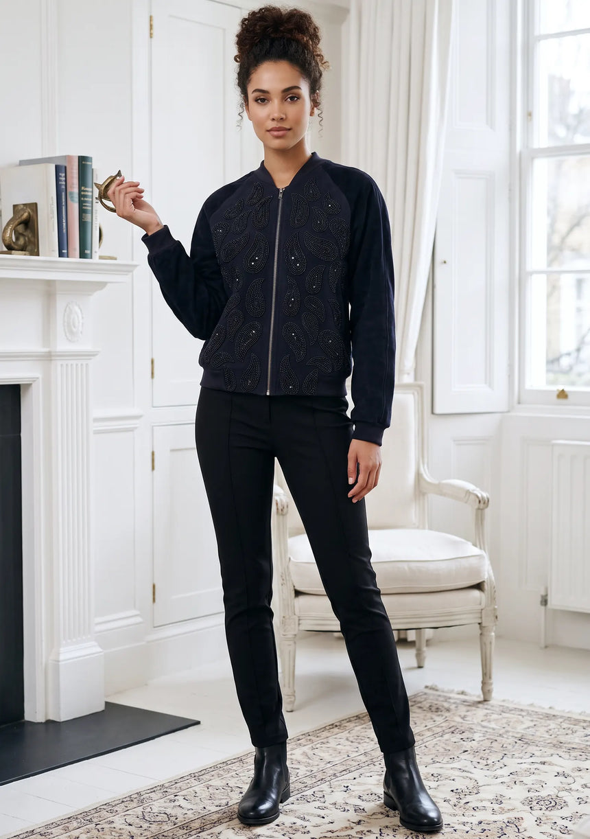 ibBan Women's Winter Leather Sleeve Jacket | Hand Embroidered Designer Bomber -Paisley jacket
