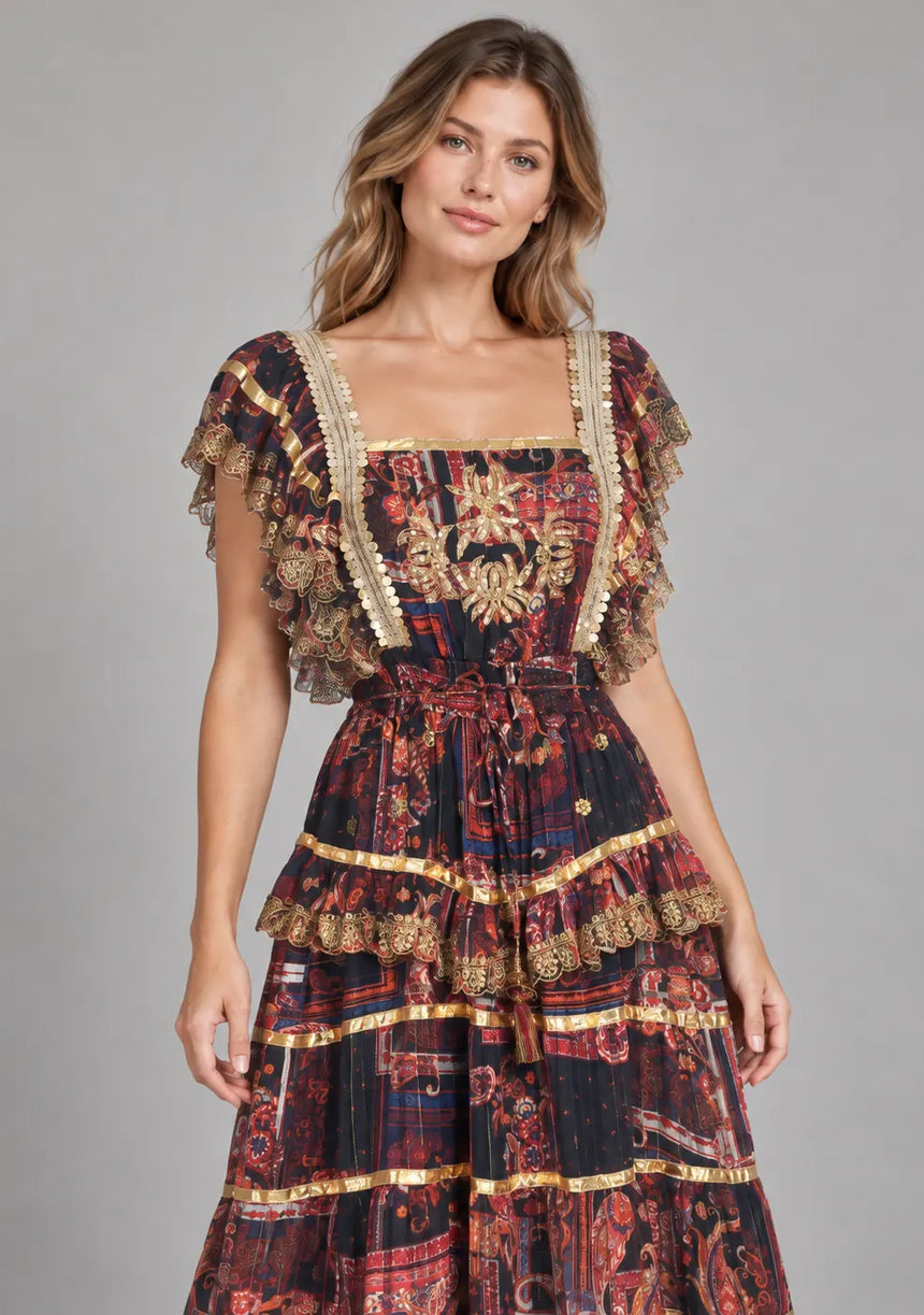 ibBan Cotton Georgette Floral Tiered Long Dress - Huma