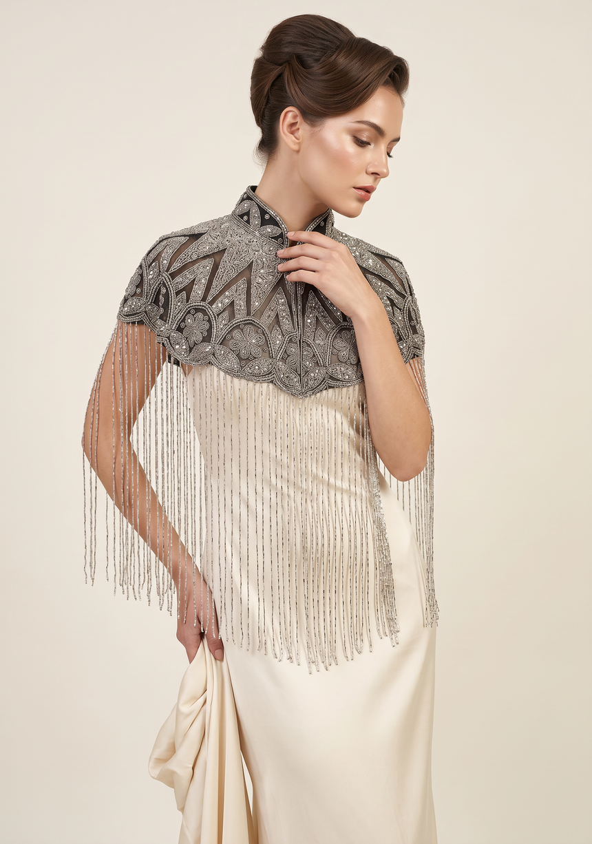 ibBan Silver & Gold Beaded Net Neck Party Cape - Lulwa