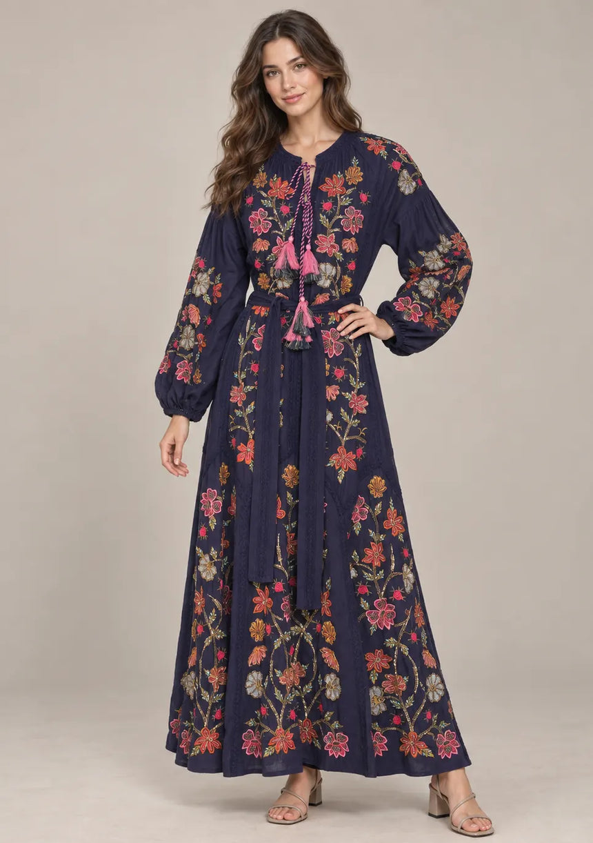 ibBan Floral Embroidered Maxi Dress with Tassel - Ravila