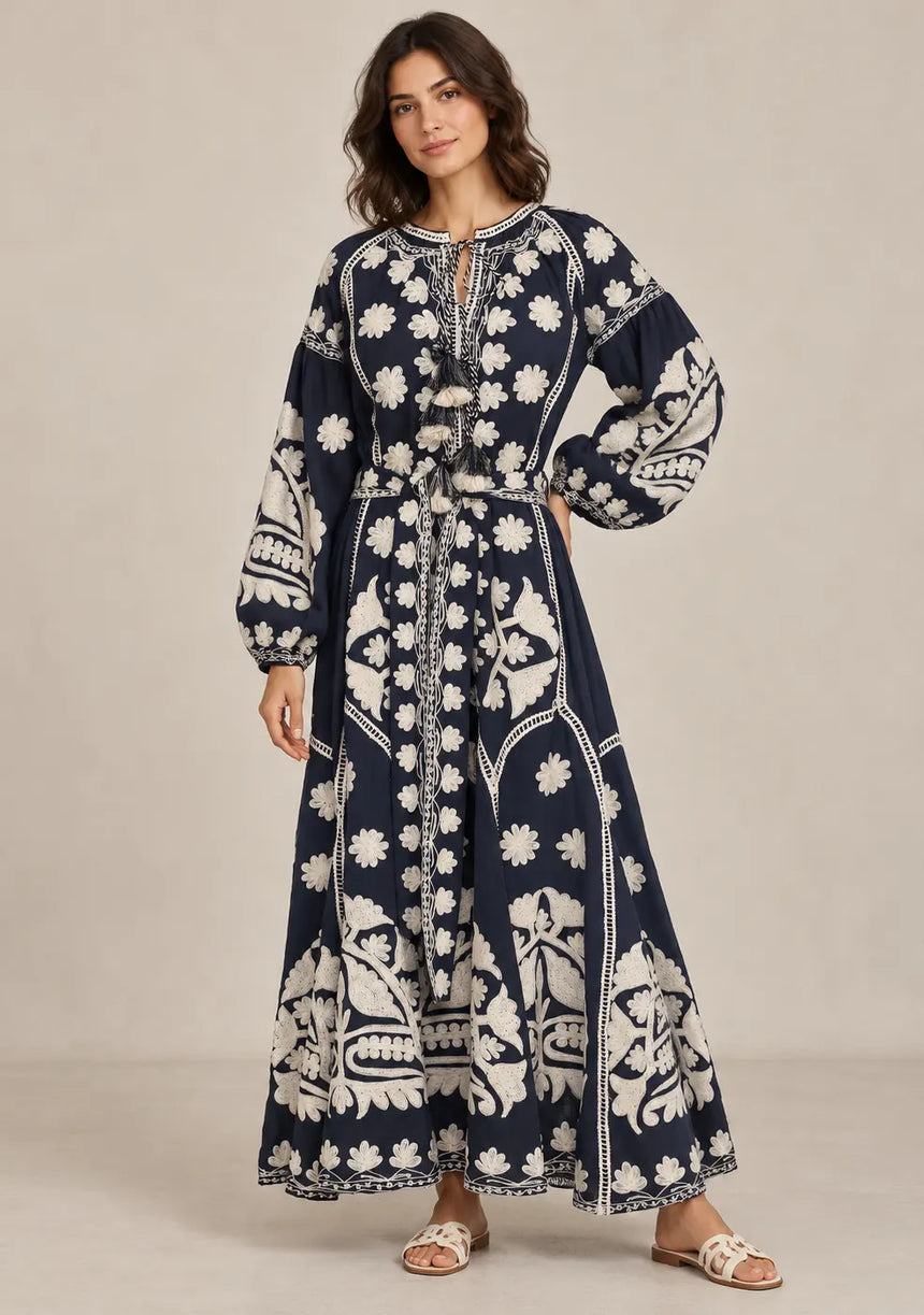 ibBan Floral Print Cotton Maxi Dress with Tassel Tie - Ayat