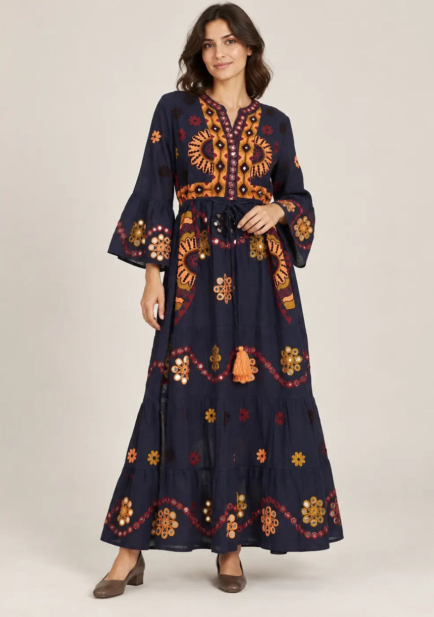 ibBan Embroidered Cotton Long Tunic Dress with Tassel Tie - Sara