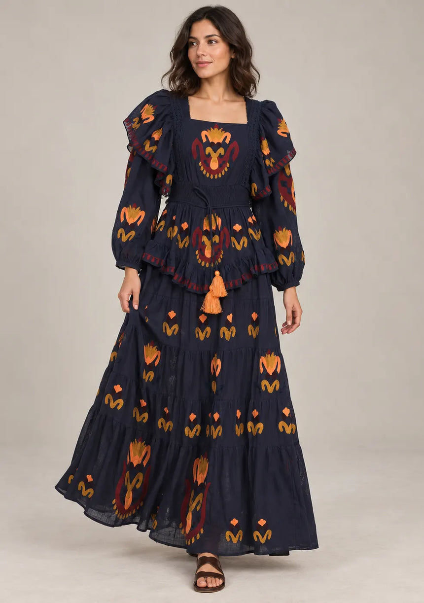 ibBan Printed Cotton Long Dress with Ruffle - Sona