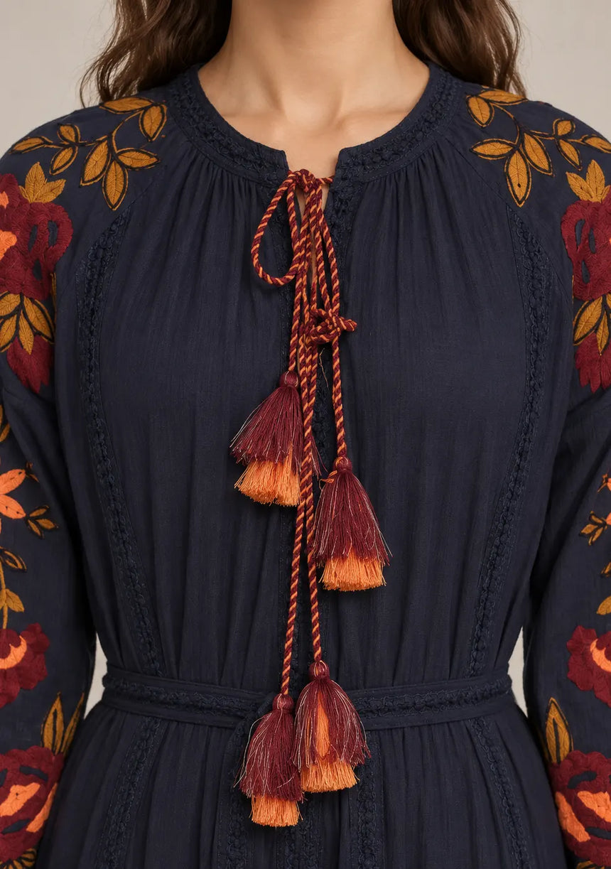 ibBan Floral Embroidered Cotton Maxi Dress with Tassel Tie - Gypsy