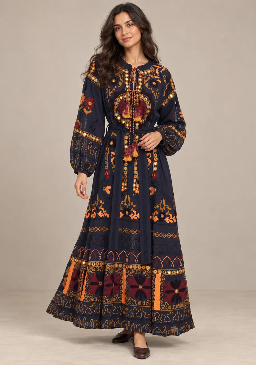 ibBanEmbroidered Cotton Maxi Dress with Tassel Tie - Hami