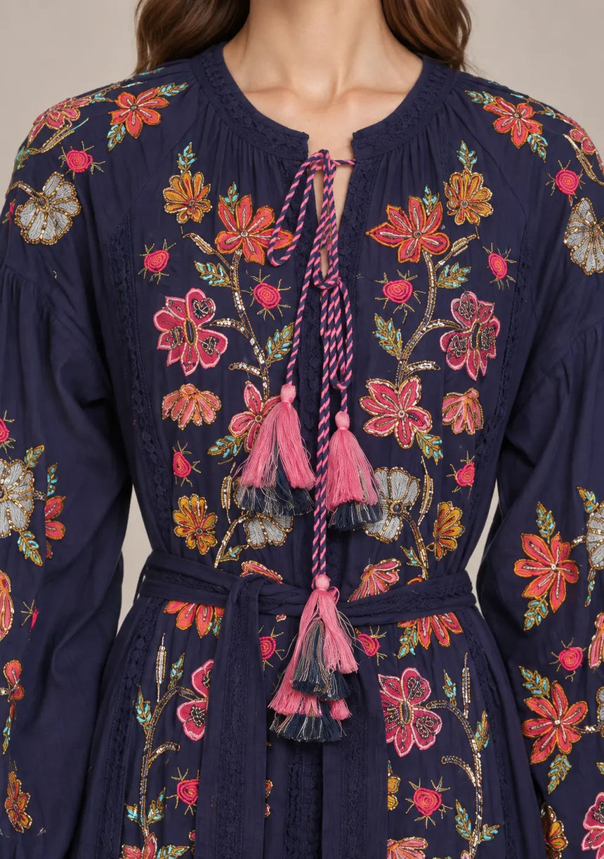 ibBan Floral Embroidered Maxi Dress with Tassel - Ravila