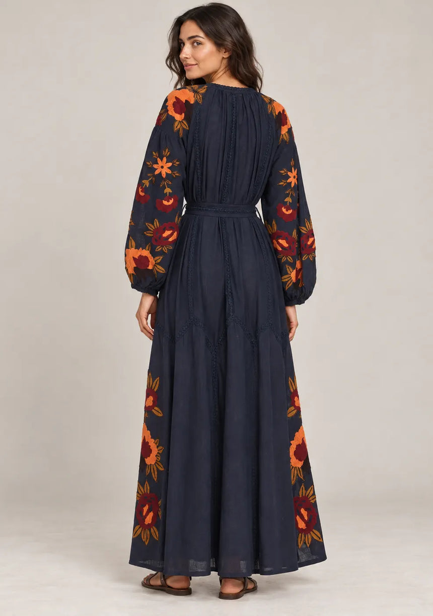 ibBan Floral Embroidered Cotton Maxi Dress with Tassel Tie - Gypsy