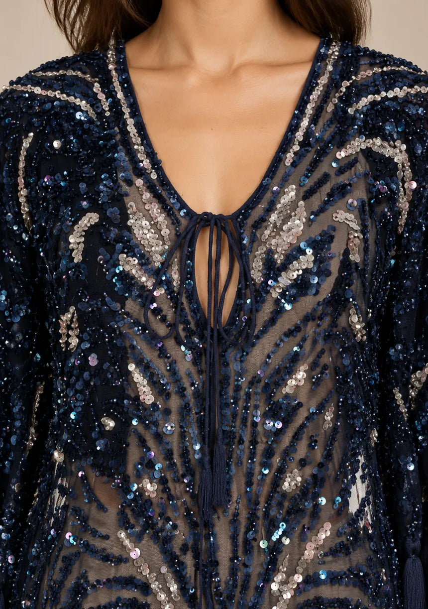 Women’s Kaftan Dress with Hand Beadwork & Tassel Fringe -Emlia