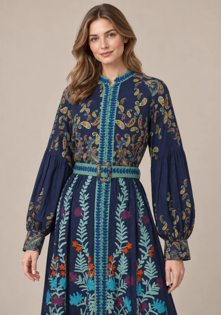ibBan Cotton Long Dress with Contrast Waist Belt -Minja