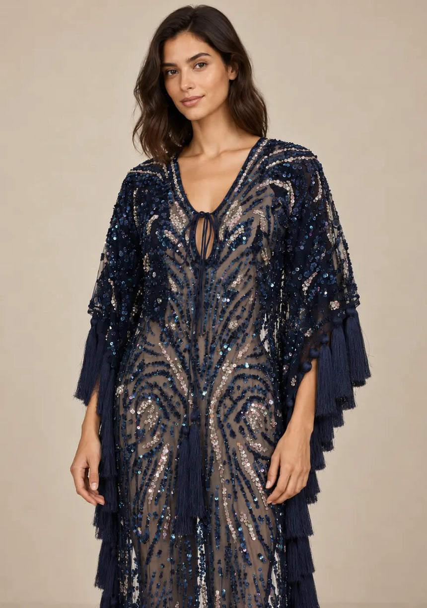 Women’s Kaftan Dress with Hand Beadwork & Tassel Fringe -Emlia