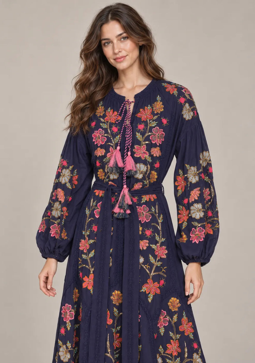 ibBan Floral Embroidered Maxi Dress with Tassel - Ravila