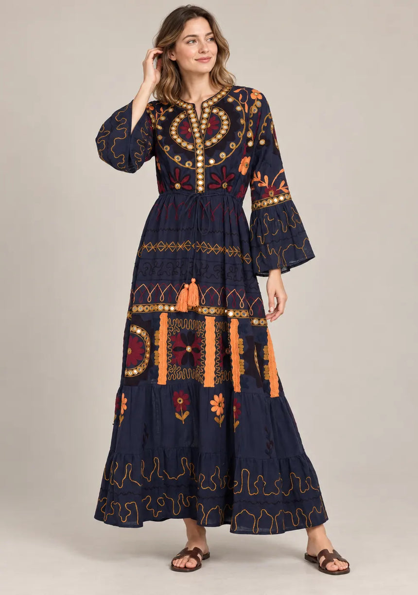 ibBan Embroidered Cotton Long Tunic with Tassel Tie - Hami