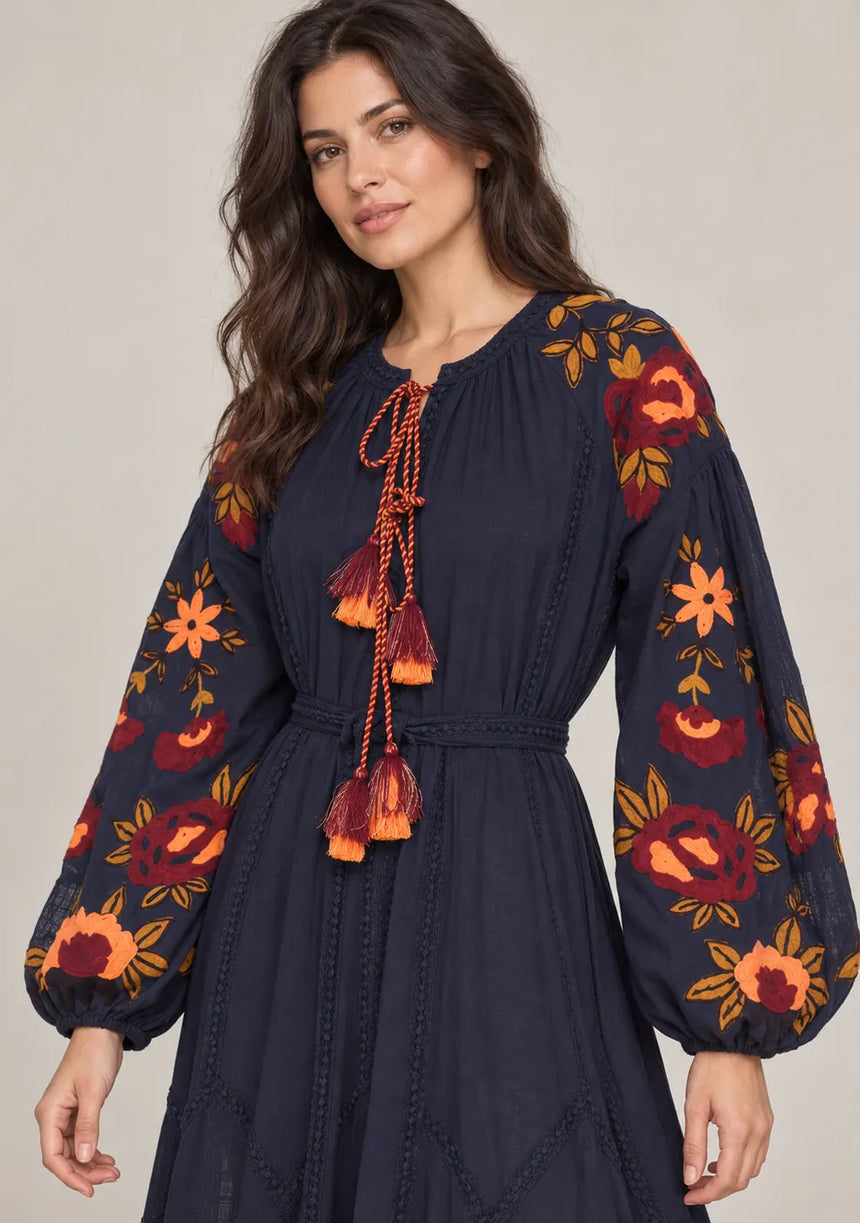 ibBan Floral Embroidered Cotton Maxi Dress with Tassel Tie - Gypsy