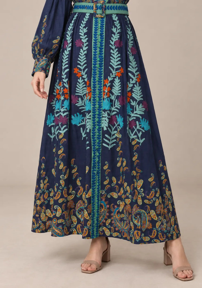 ibBan Cotton Long Dress with Contrast Waist Belt -Minja