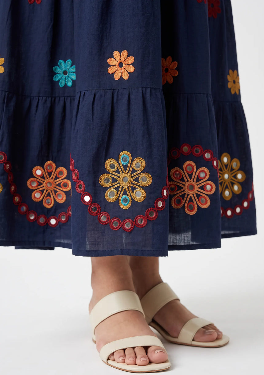 ibBan Embroidered Cotton Long Tunic Dress with Tassel Tie - Sara