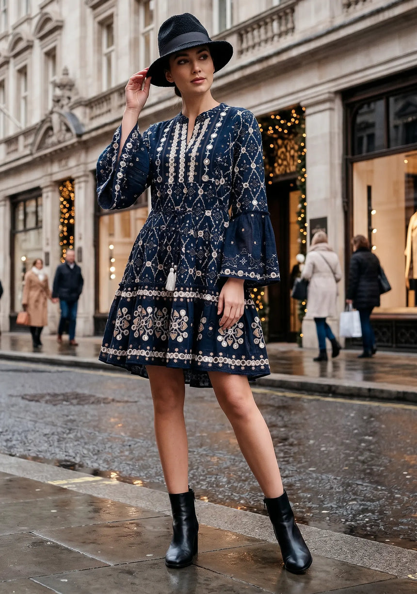 ibBan Hand Embroidered Winter Short Tunic Dress | Luxury Women's Fashion - Melida