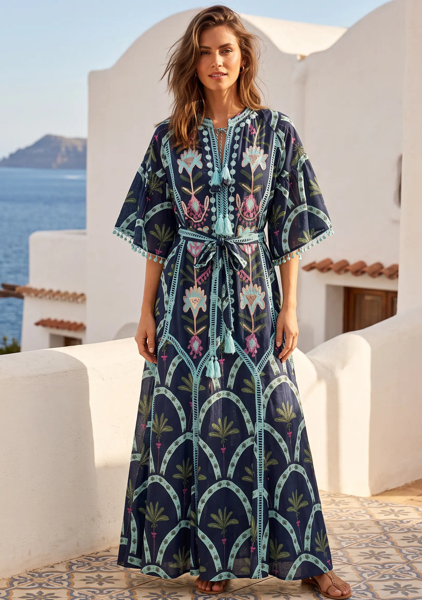 ibBan Hand-Embroidered Cotton Long Dress with Palm Print - Nashwa