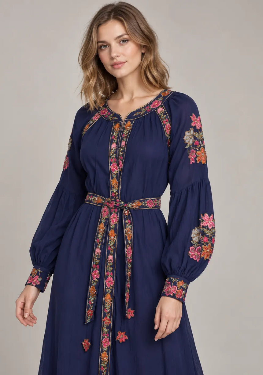 ibBan Floral Cotton Long Dress wint Hand Embroidery - Zayra