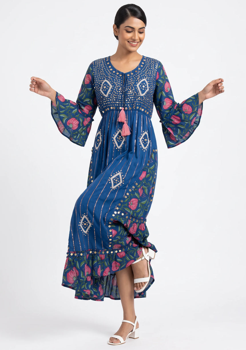 ibBan Floral Cotton Maxi Dress with Bell Sleeves - Jumani