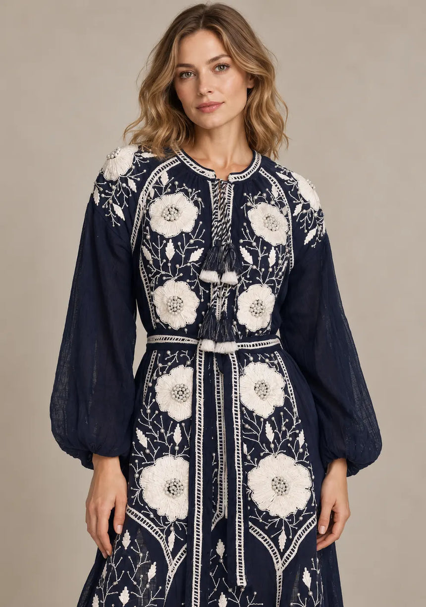 ibBan Floral Embroidered Cotton Long Dress - Johri