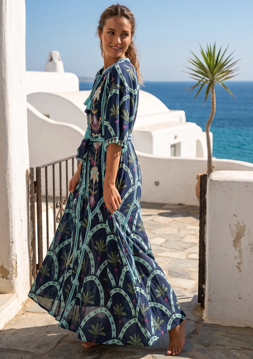 ibBan Hand-Embroidered Cotton Long Dress with Palm Print - Nashwa