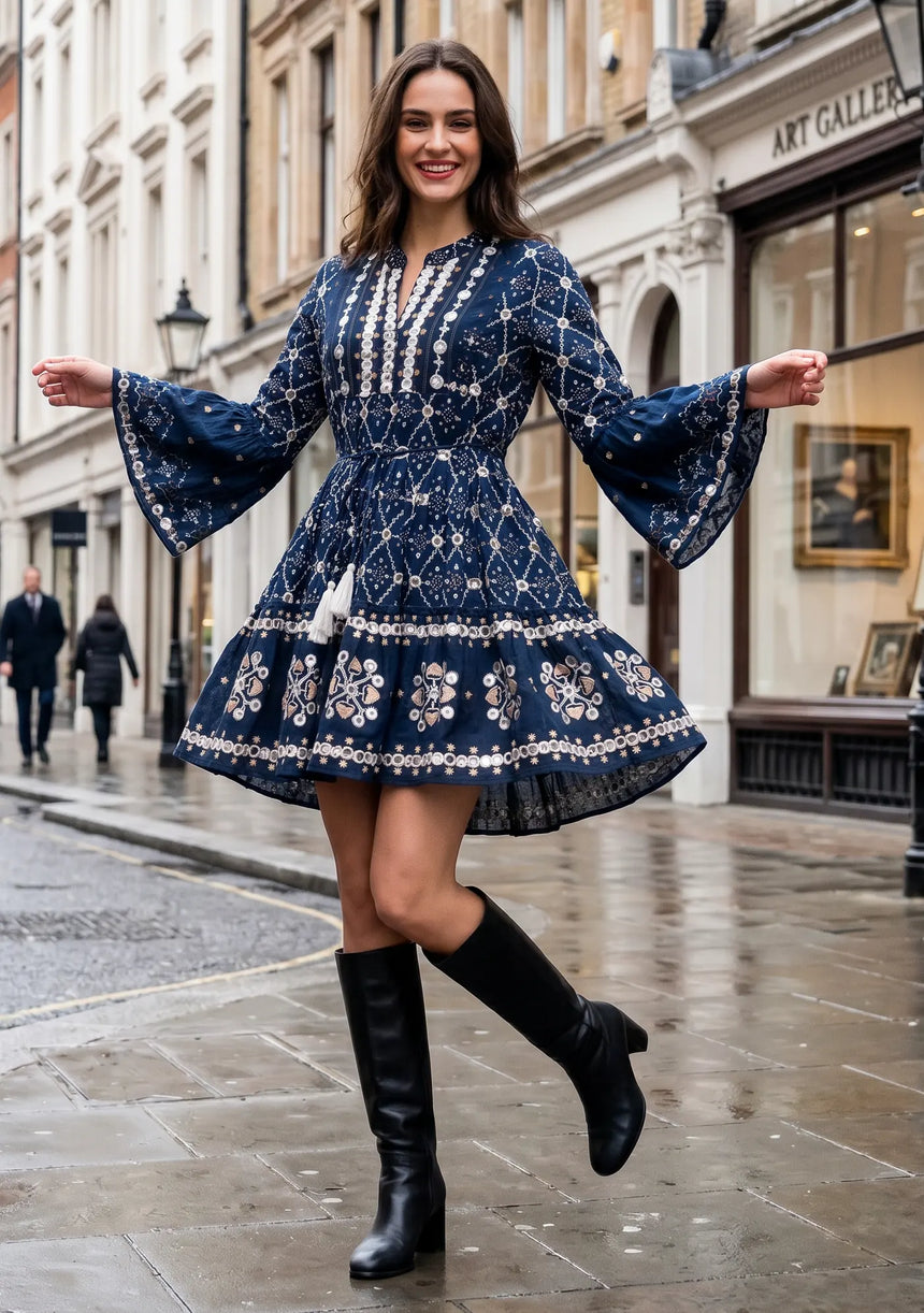 ibBan Hand Embroidered Winter Short Tunic Dress | Luxury Women's Fashion - Melida