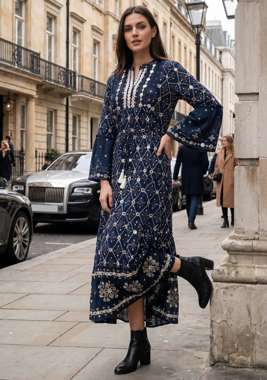 ibBan Hand Embroidered Winter Tunic Dress | Luxury Bohemian Elegance - Melida