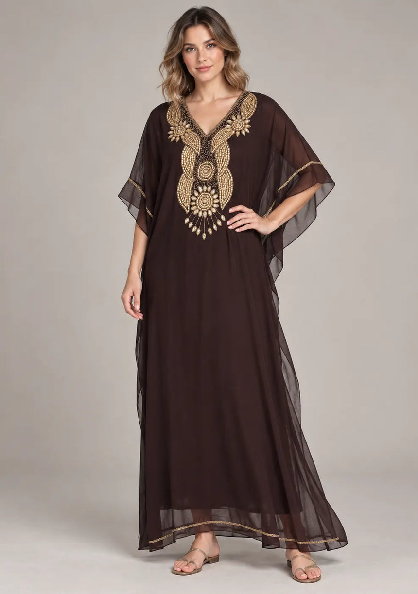 ibBan Women’s Hand Embroidered Georgette Kaftan Dress -Zarnish