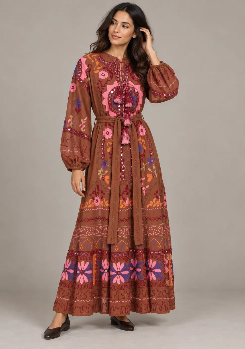 ibBanEmbroidered Cotton Maxi Dress with Tassel Tie - Hami