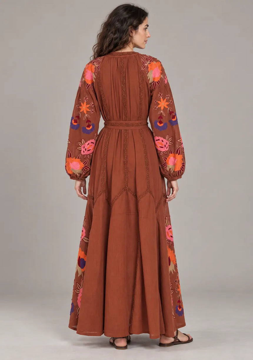 ibBan Floral Embroidered Cotton Maxi Dress with Tassel Tie - Gypsy