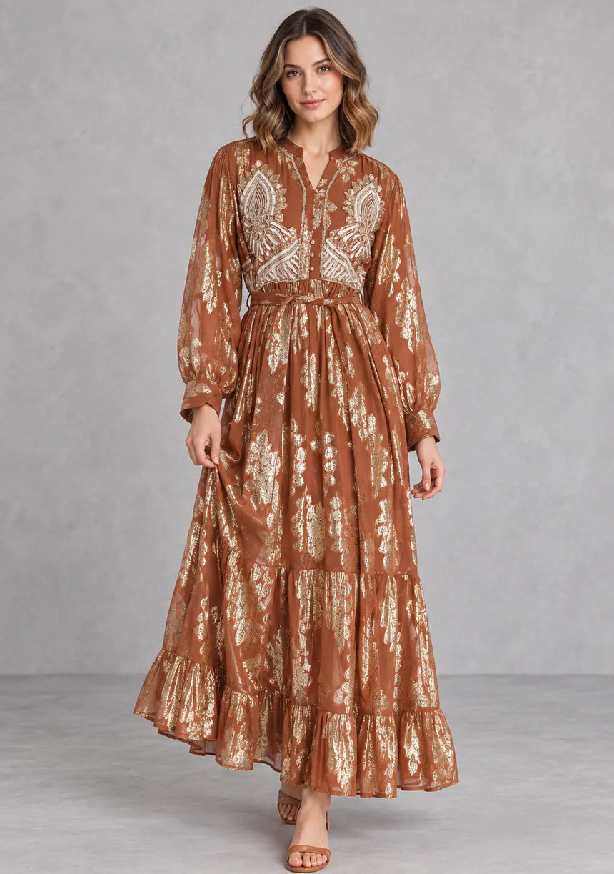 ibBan Embellished Lurex Long Dress with Metallic - Varsha