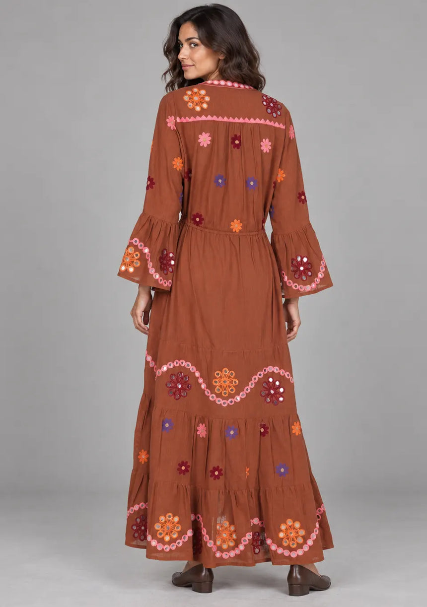 ibBan Embroidered Cotton Long Tunic Dress with Tassel Tie - Sara