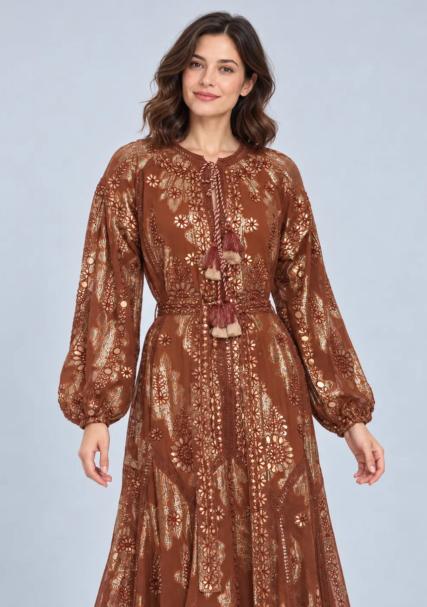 ibBan Floral Lurex Cotton Long Dress - Mavi