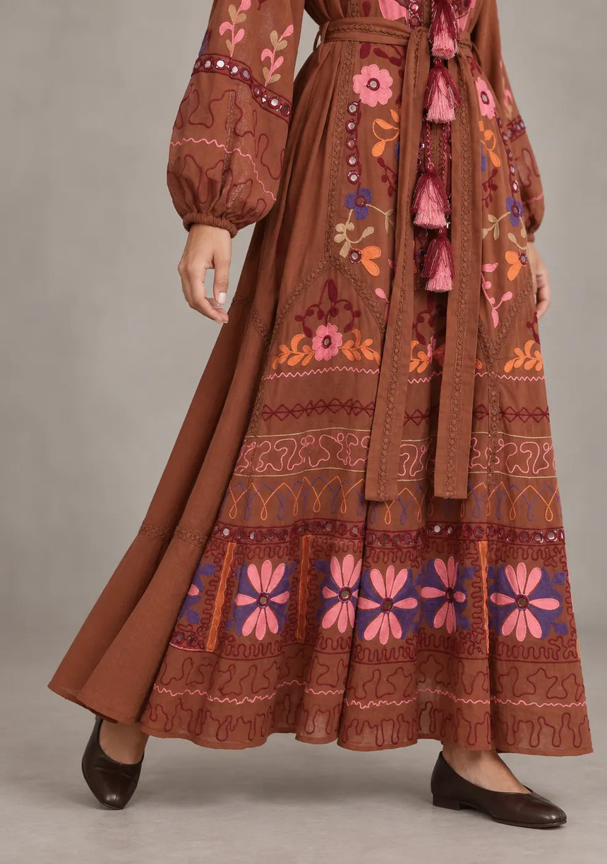 ibBanEmbroidered Cotton Maxi Dress with Tassel Tie - Hami