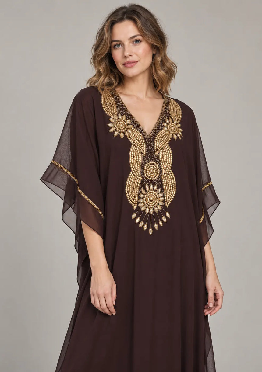 ibBan Women’s Hand Embroidered Georgette Kaftan Dress -Zarnish