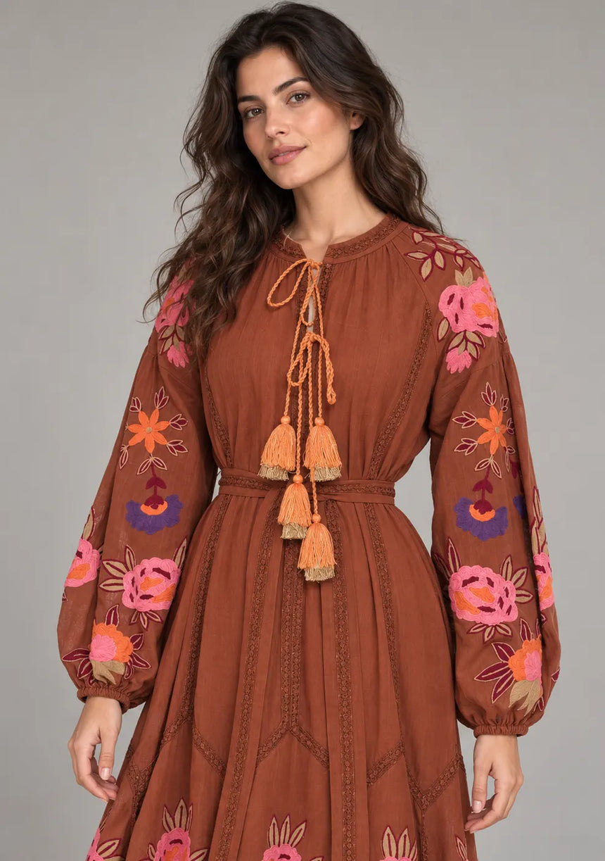 ibBan Floral Embroidered Cotton Maxi Dress with Tassel Tie - Gypsy